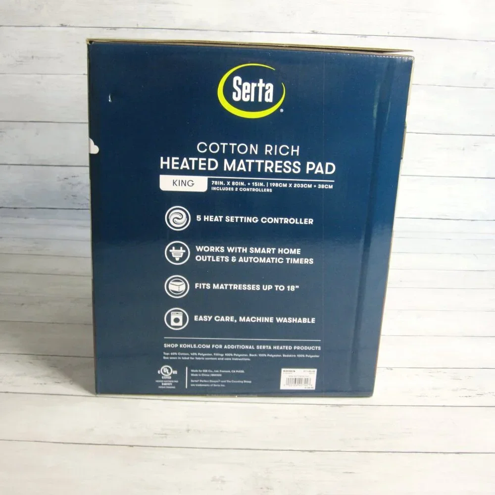 Serta Heated King Size White Quilted Mattress Pad Cotton Blend